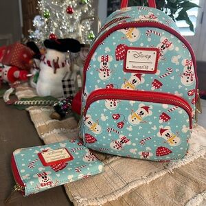 Disney Loungefly Mickey & Minnie Snowman Backpack and Wallet Set - Red and Blue